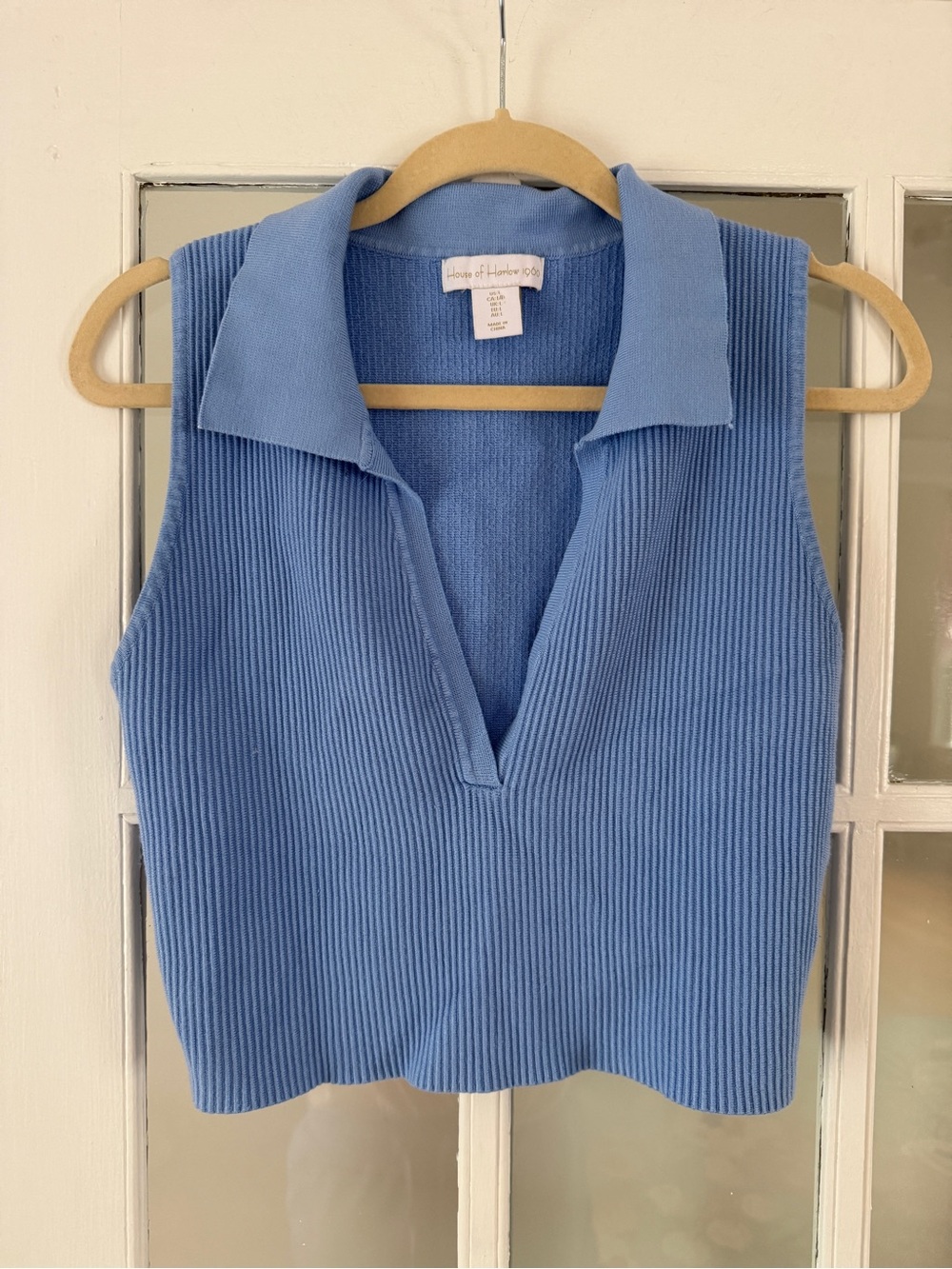 House of Harlow Sleeveless Ribbed Knit Collared Tank in Blue